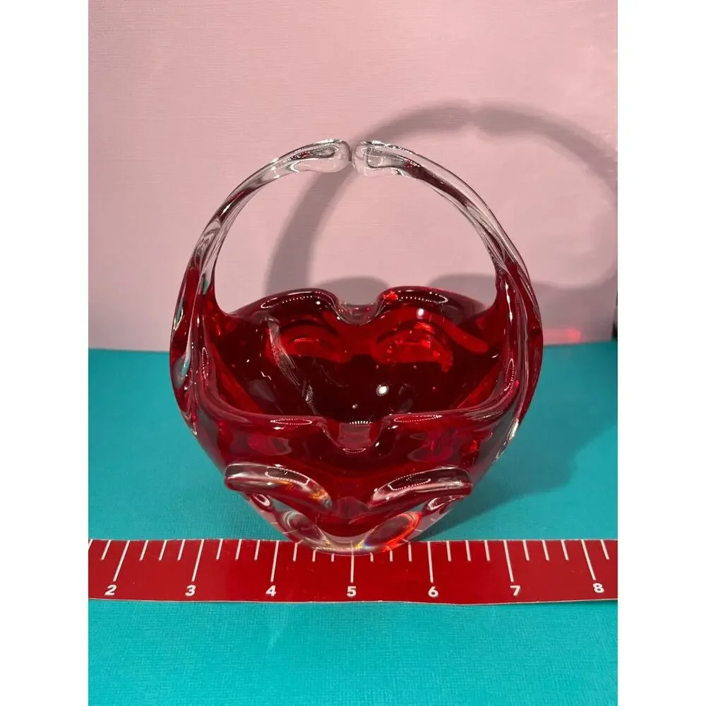 Murano Hand Blown Art Glass Sommerso Basket Ruby Red & Clear Handle